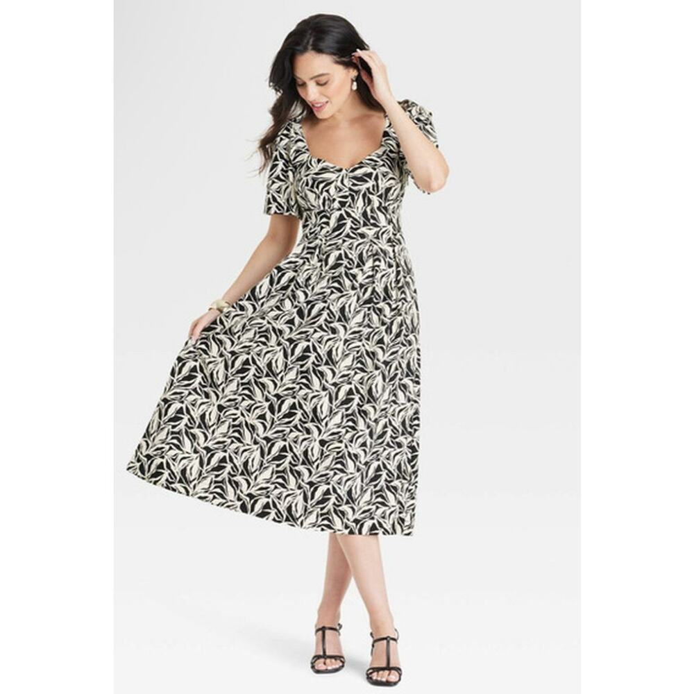 NWT A New Day Black White Floral Short‎ Sleeve Midi Dress Size 6